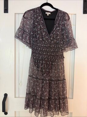 Max Studio Black Floral Midi Dress with Lilac Accents